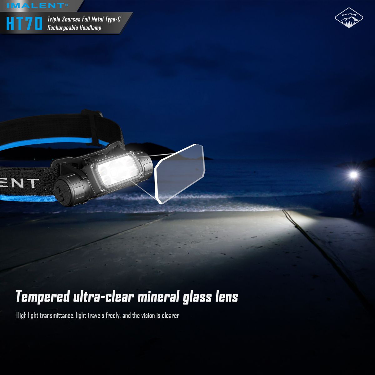IMALENT HT70 Pandelampe med tredobbelt lyskilde, 3500 lumen, genopladelig, ergonomisk design til udendørs eventyr.
