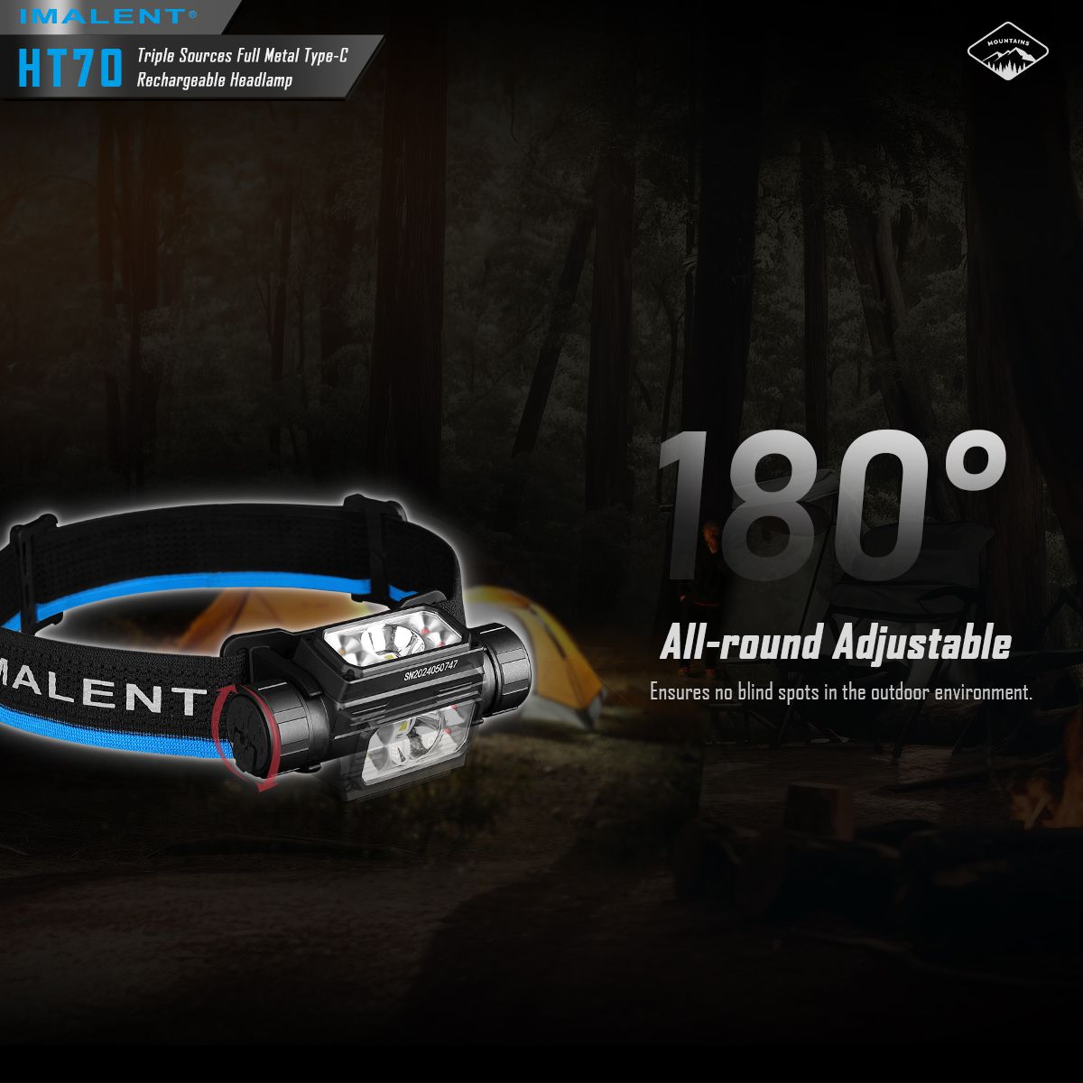 IMALENT HT70 Pandelampe med tredobbelt lyskilde, 3500 lumen, genopladelig, ergonomisk design til udendørs eventyr.
