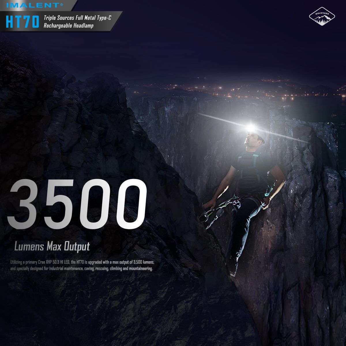 IMALENT HT70 Pandelampe med tredobbelt lyskilde, 3500 lumen, genopladelig, ergonomisk design til udendørs eventyr.