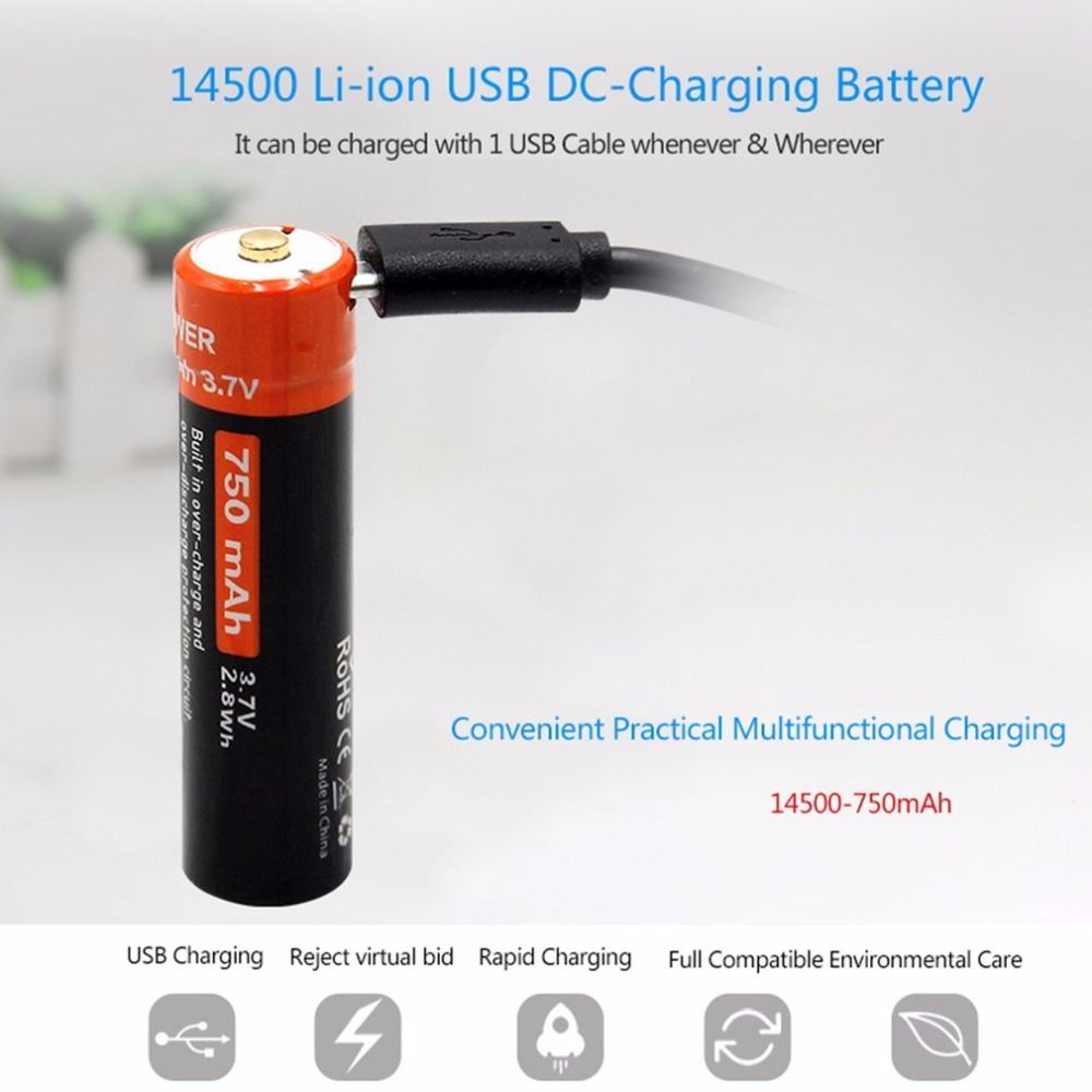 Doublepow 14500 750mAh genopladeligt batteri 3,7V Li-ion med Micro USB til højstrømsenheder og camping