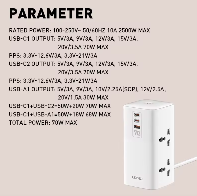 LDNIO Tower Multi Tap Cube Strømskinne med stikkontakter 70W Ladestationer 4 Stikkontakter Linjefilter UK US EU Type Stik til Universaladapter
