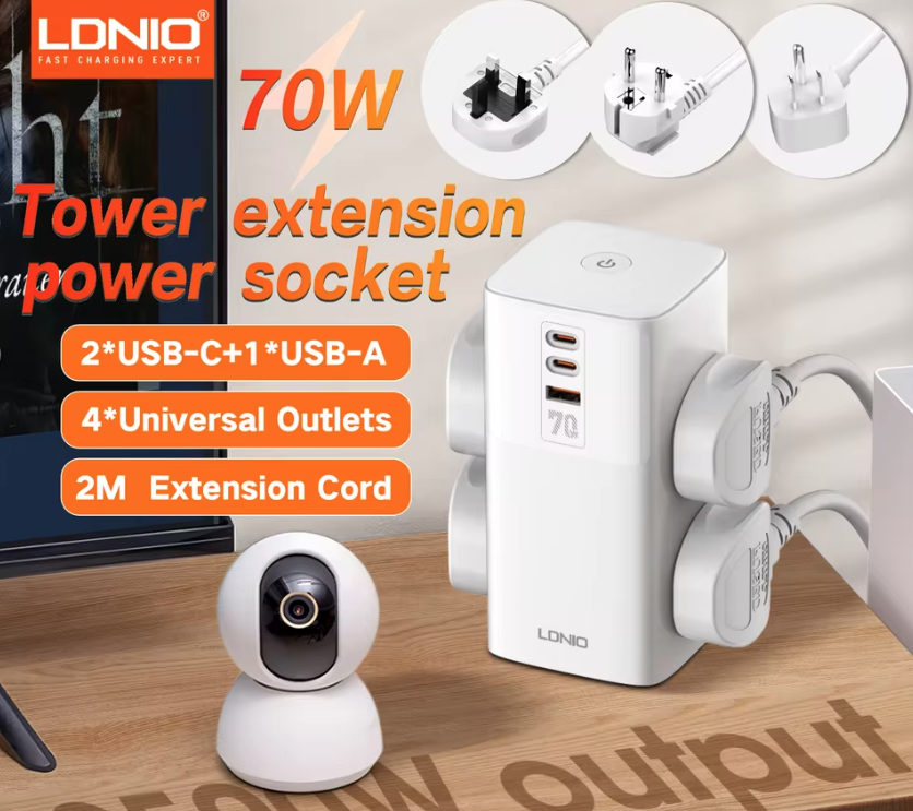 LDNIO Tower Multi Tap Cube Strømskinne med stikkontakter 70W Ladestationer 4 Stikkontakter Linjefilter UK US EU Type Stik til Universaladapter