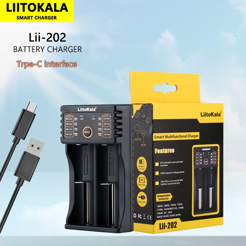 Liitokala Lii-202 Smart oplader til 18650 26650 21700 NiMH lithium batterier dobbelte kanaler USB output