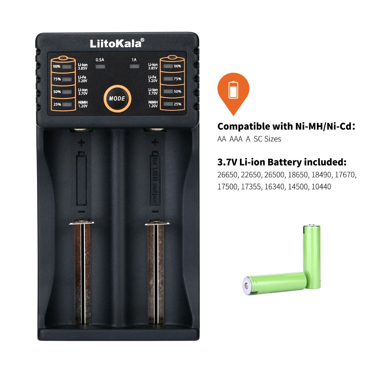 Liitokala Lii-202 Smart oplader til 18650 26650 21700 NiMH lithium batterier dobbelte kanaler USB output