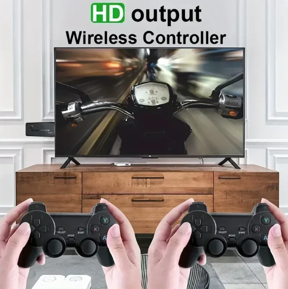 M8 videospilkonsol med dobbelte 2,4G trådløse controllere, 10000 retrospilbibliotek, PS1 Atari 64G model