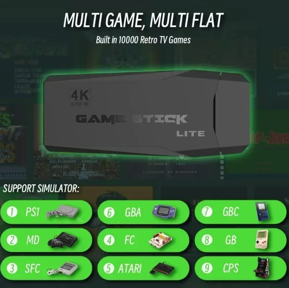 M8 videospilkonsol med dobbelte 2,4G trådløse controllere, 10000 retrospilbibliotek, PS1 Atari 64G model