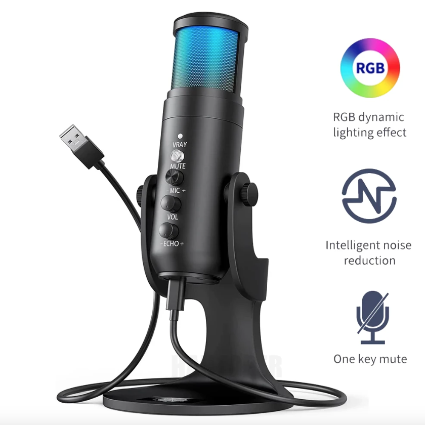 MU900PRO RGB USB-mikrofon til streaming med dynamisk RGB-belysning og kardioid pickup-mønster for høj lydkvalitet