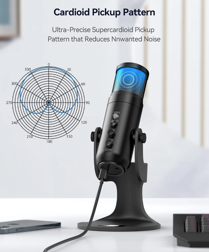 MU900PRO RGB USB-mikrofon til streaming med dynamisk RGB-belysning og kardioid pickup-mønster for høj lydkvalitet