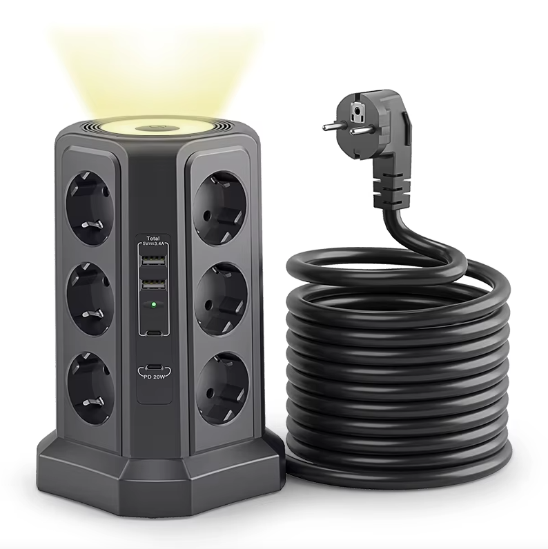 EU Multistik overspændingsbeskytter 4000W 16A med USB-port, multistik med natlys