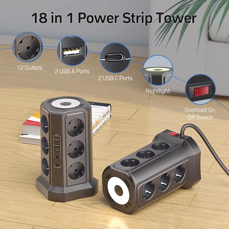 EU Multistik overspændingsbeskytter 4000W 16A med USB-port, multistik med natlys