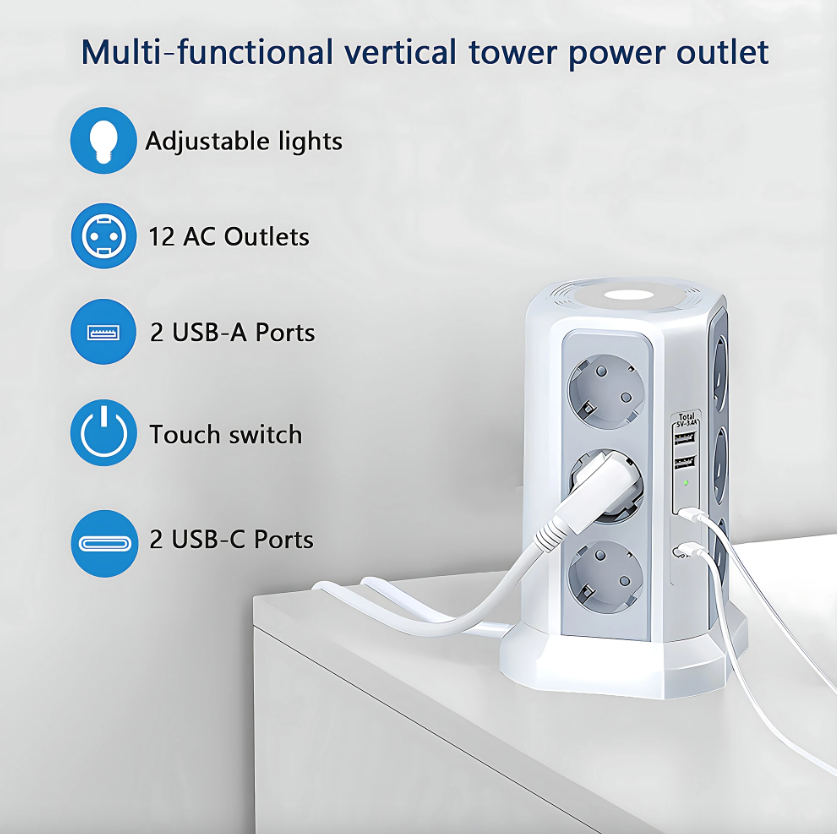 EU Multistik overspændingsbeskytter 4000W 16A med USB-port, multistik med natlys