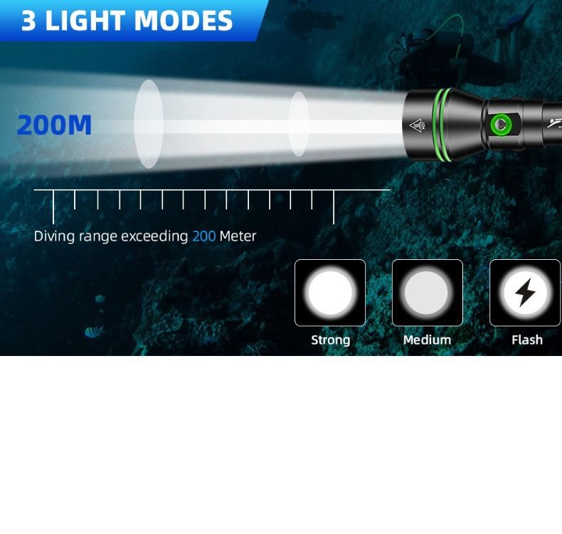 P70 Dykkerlygte, Dykkerfakkel 5000 Lumen Super Lysstærke Lyskastere, IPX8 Vandtæt Natdykkerfakkel til 200 Meters Dybde