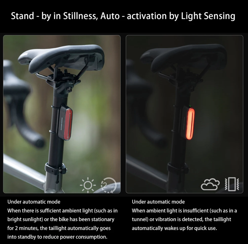 ROCKBROS Magnetisk Cykelbaglygte IPX6 Vandtæt 7 Tilstande Smart Sensor Nat Sikkerhed Advarselslys Cykeltilbehør