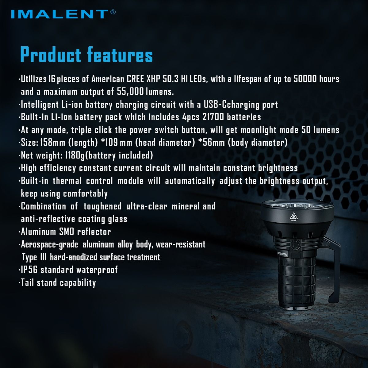 IMALENT SR16 55000 Lumen Lang Stråle Lommelygte 1715 Meter LED-lommelygte