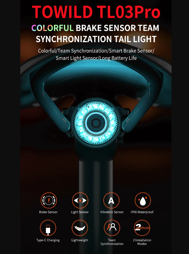 TOWILD TL03Pro LED Cykelbaglygte med Smart Bremse Sensor Syv-farver Blink Holdbart Cykeltilbehør