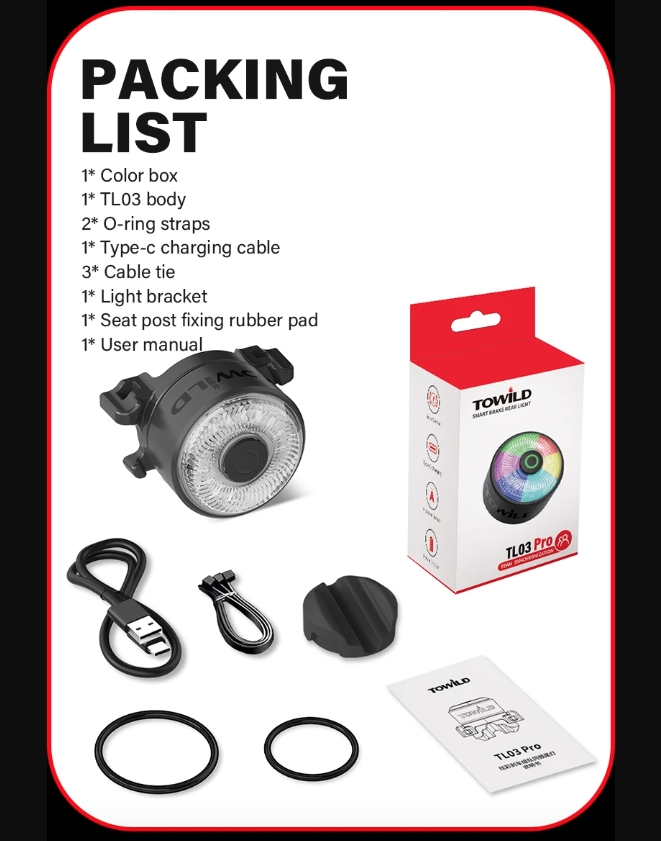 TOWILD TL03Pro LED Cykelbaglygte med Smart Bremse Sensor Syv-farver Blink Holdbart Cykeltilbehør