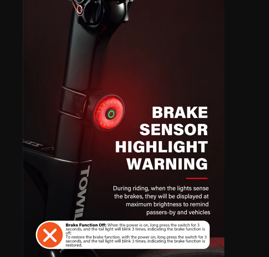 TOWILD TL03Pro LED Cykelbaglygte med Smart Bremse Sensor Syv-farver Blink Holdbart Cykeltilbehør