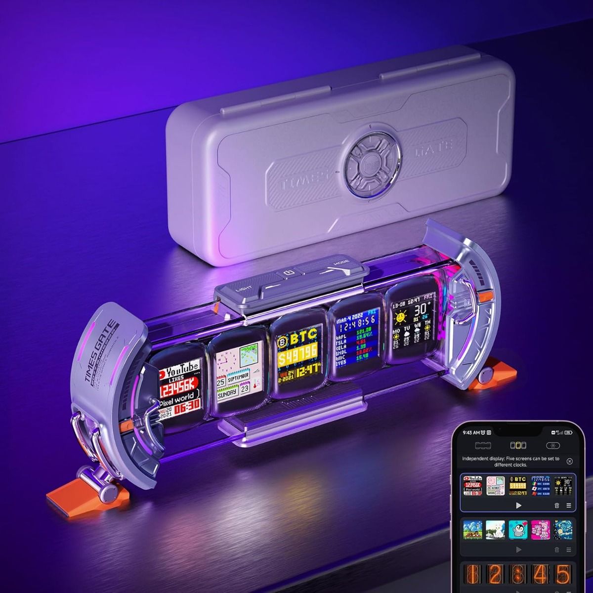 Divoom Times Gate - Cyberpunk Gaming Setup Digitalt vækkeur, Smart app, WiFi-forbindelse, RGB LED-skærm, Personlig finans- og Bitcoin-dashboard, Pixel Art til gaming-rum og kontorindretning