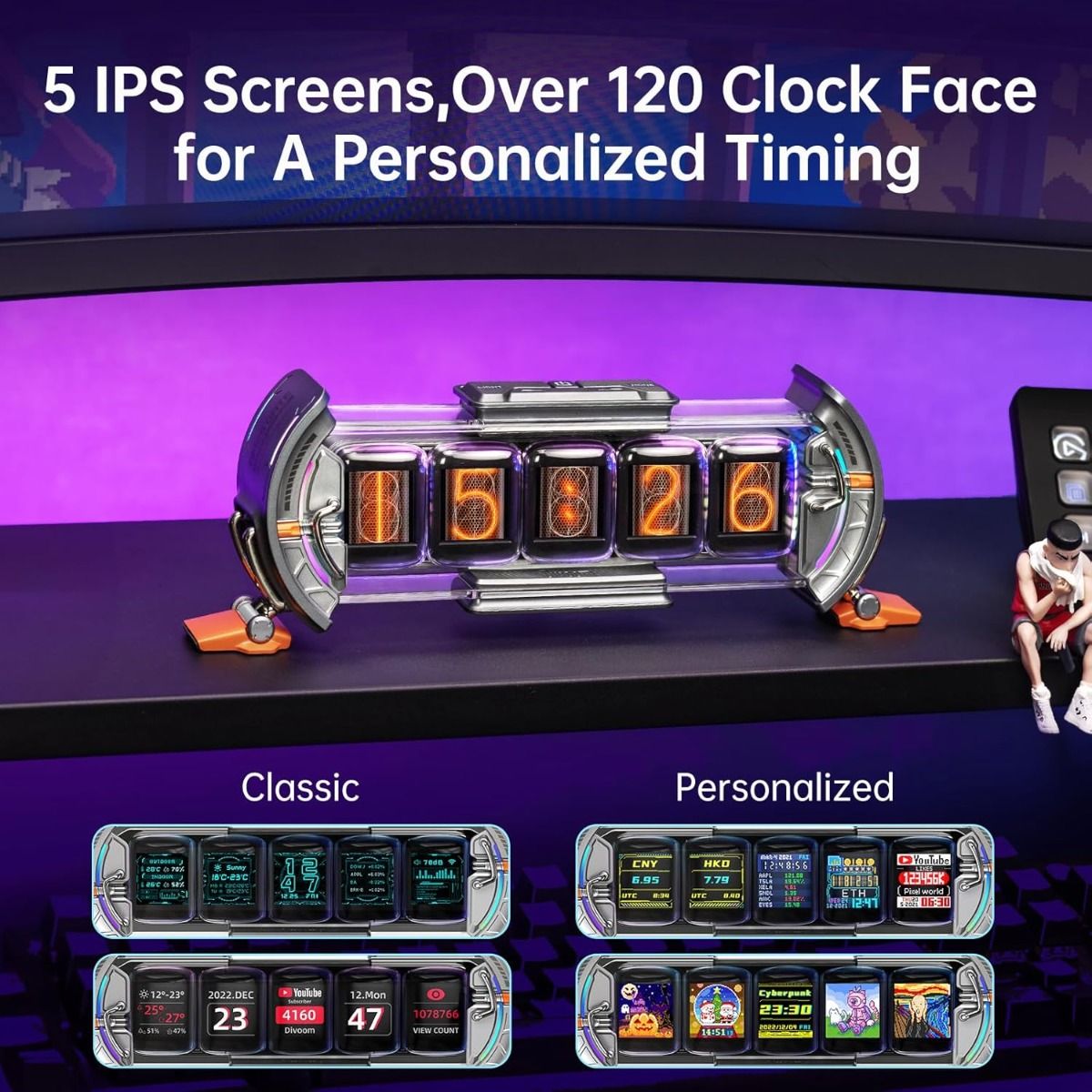 Divoom Times Gate - Cyberpunk Gaming Setup Digitalt vækkeur, Smart app, WiFi-forbindelse, RGB LED-skærm, Personlig finans- og Bitcoin-dashboard, Pixel Art til gaming-rum og kontorindretning