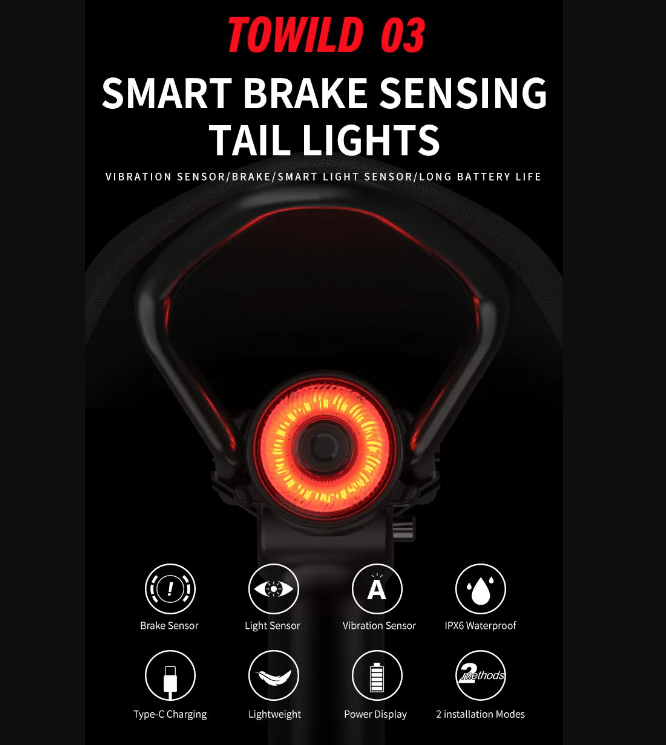 TOWILD TL03 Cykel Smart Automatisk Bremsefølerlys LED Baglygte Cykeltilbehør med Fem Blinktilstande