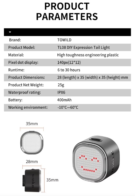 TOWILD TL08 Cykel Baglygte, Tilpassede Mønstre Fuld Farve Cykel Baglygte, Bremsesensing, USB-C Genopladelig Cykel Baglygte
