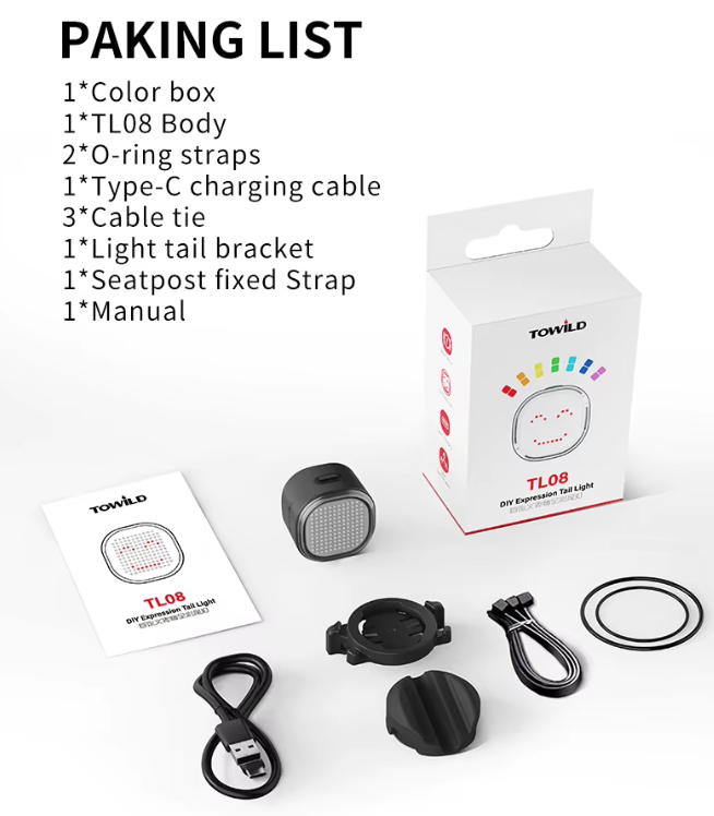 TOWILD TL08 Cykel Baglygte, Tilpassede Mønstre Fuld Farve Cykel Baglygte, Bremsesensing, USB-C Genopladelig Cykel Baglygte