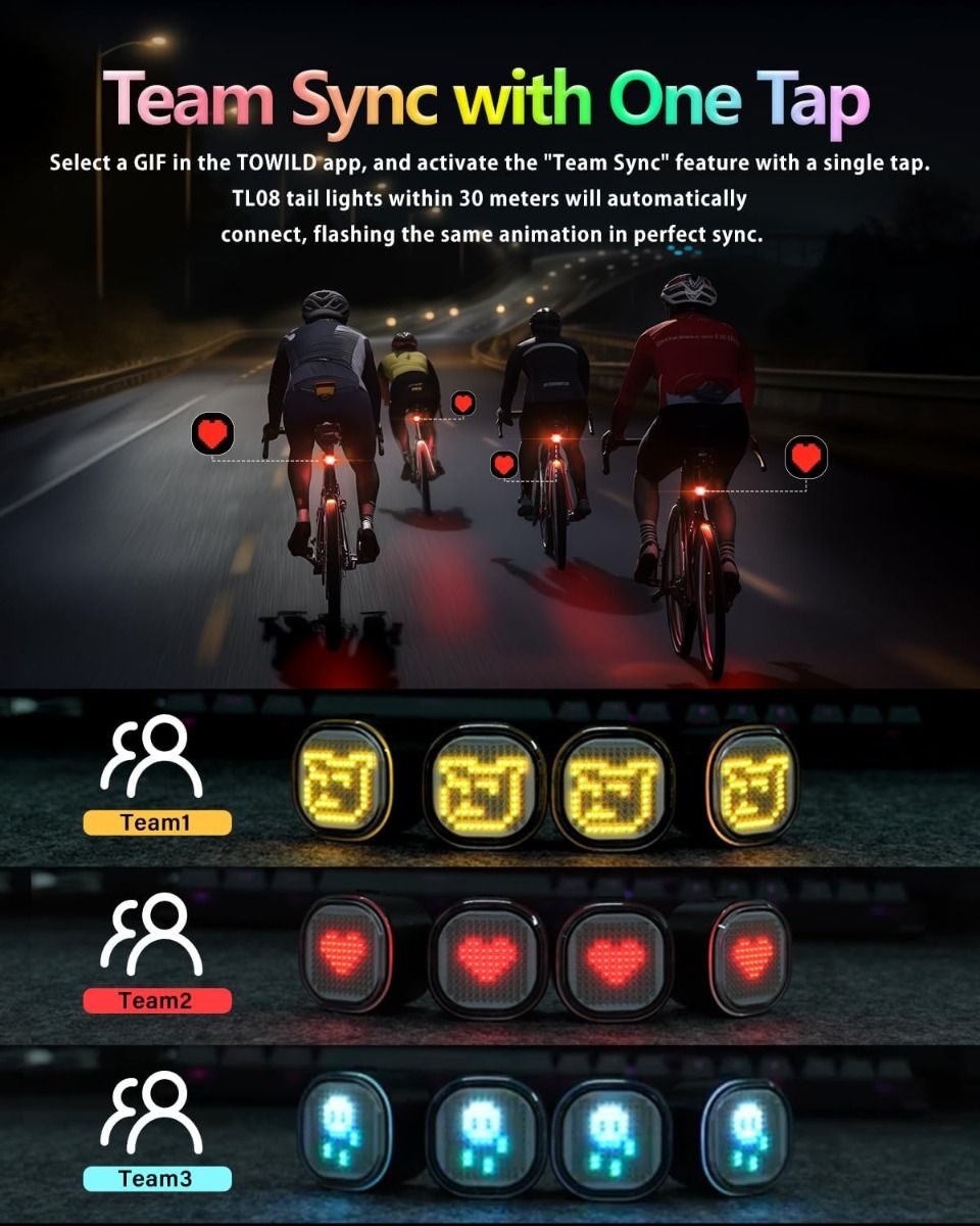TOWILD TL08 Cykel Baglygte, Tilpassede Mønstre Fuld Farve Cykel Baglygte, Bremsesensing, USB-C Genopladelig Cykel Baglygte