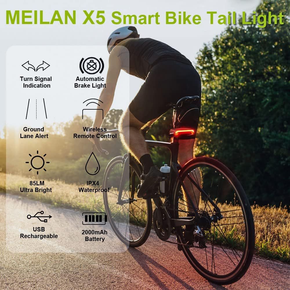 Meilan X5 Smart cykelbaglygte med blinklys og automatisk bremselys, trådløs fjernbetjening, cykel baglygte, USB genopladelig sikkerhedsadvarsel cykellys
