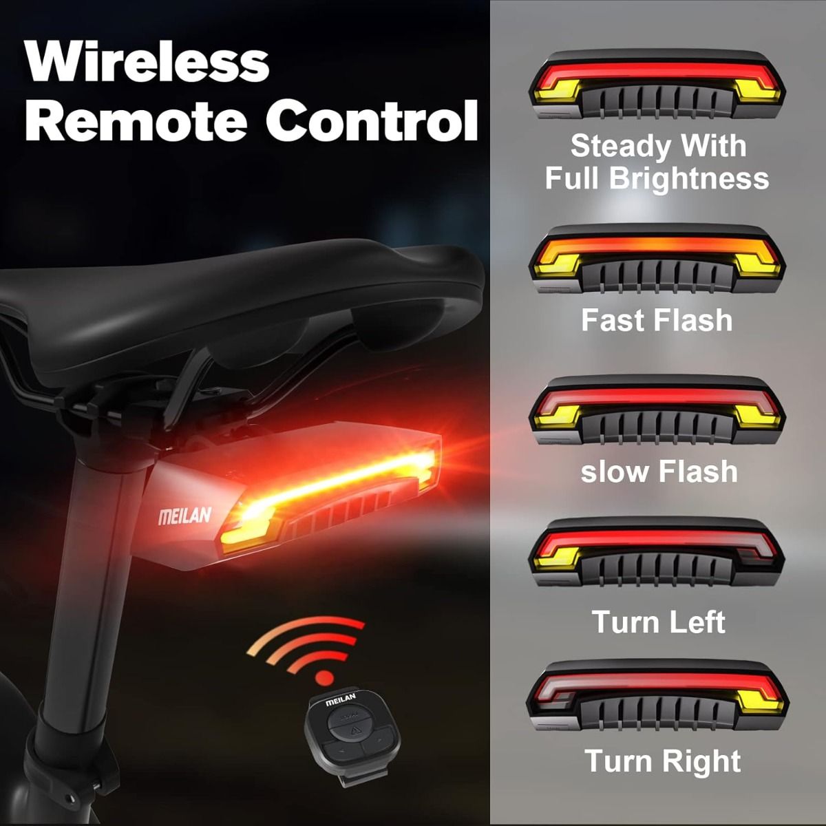 Meilan X5 Smart cykelbaglygte med blinklys og automatisk bremselys, trådløs fjernbetjening, cykel baglygte, USB genopladelig sikkerhedsadvarsel cykellys