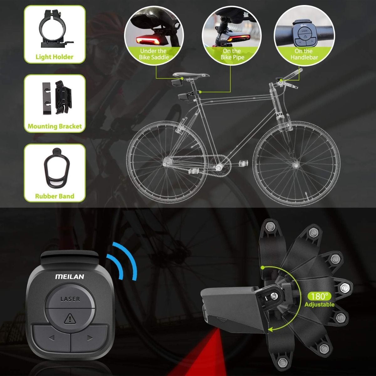 Meilan X5 Smart cykelbaglygte med blinklys og automatisk bremselys, trådløs fjernbetjening, cykel baglygte, USB genopladelig sikkerhedsadvarsel cykellys